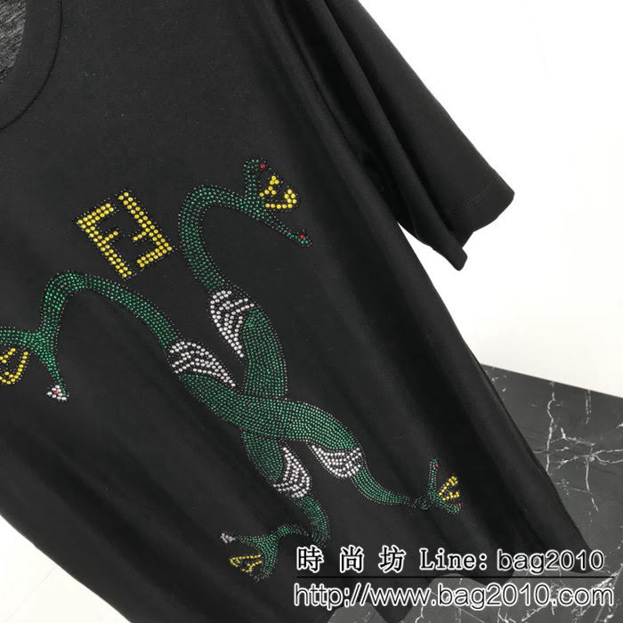 FENDI芬迪 19Ss新款燙鑽短袖Tee 毒蛇纏繞燙鑽 超閃Bling雙股絲光面料 男女同款 ydi2270